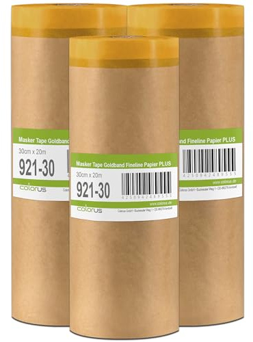 Colorus Abdeckpapier mit Klebeband 3er Set 30 cm x 20 m Masker Tape | Goldband Feinkantenband mit 30 cm Papierbahn – rückstandsfrei abziehbar und 30 Tage UV-beständig