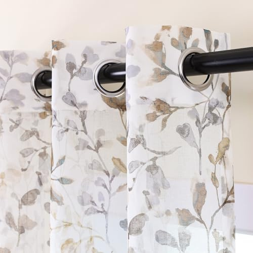 L.Z.E Gardinen Braun Taupe für Wohnzimmer, Vorhänge Sand mit Ösen, Transparent Gardine Vorhang für Schlafzimmer Fenster, 2er Set Blätter Muster Leinenoptik Ösenvorhang 225 cm Lang (LZE2226E-TP225)