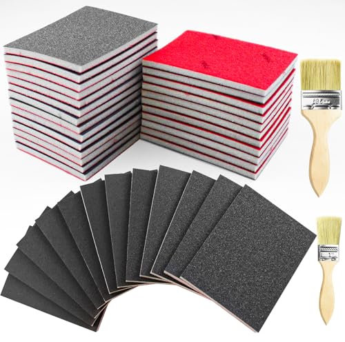 Nadinsta 25 Pcs Grit Sanding Sponge Set, 180-3000 Grit Flexible Foam Filled Sanding Pad & 2 Paint Brush, Washable And Reusable Wet And Dry Blocks Sandpapers for Wood Metal Railings Furniture Polishing