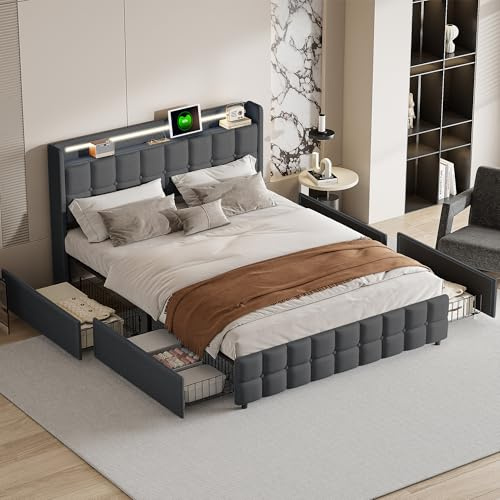 DULRLLY Bett 160x200 mit Stauraum Polsterbett Doppelbett mit USB Ladefunktion und LED-Kopfteil und 4 Schubladen Stauraumbetten Jugendbett Bettgestell mit Lattenrost, Ohne Matratz,Linnen (Grau)