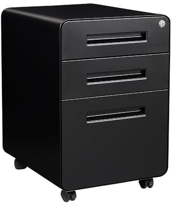 Panana 3 Drawer Mobile File Cabinet, Lockable Metal Filing Cabinet Rolling Printer Stand on Wheels Cupboard Fully Assembled except Casters (Black)