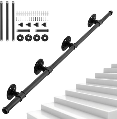 OUUTMEE 243cm Barandilla negra, hierro forjado, barandilla de pared, calibre: Ø 25 mm, adecuada para uso en interiores y exteriores, barandilla para escaleras, con soporte de pared y tapones