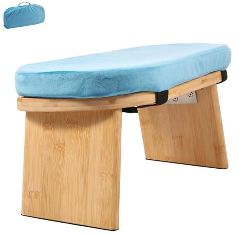 KEGAJEGA Banco de meditación con cojín, bolsa de almacenamiento, taburete de meditación, plegable, de bambú, ergonómico, banco de yoga, plegable, taburete para meditación, yoga, oración (azul)