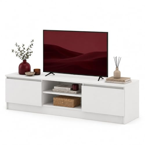 Homlando Mueble bajo para TV moderno, sin asas, 2 puertas y 2 compartimentos abiertos, armario para TV para salón, aparador, Maja 150 x 40 x 38,5 cm, color blanco mate
