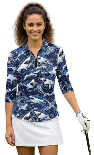 TODIYADDU Womens Golf Shirts Ocean Shark 3/4 Sleeve Tops for Women Polo Shirts V Neck Design Blouses with Collar Lightweight Summer Basic Pullover Fitted for Hiking/Running, XL