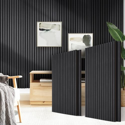 JAMELO Akustikpaneele Holz, 4 Stück 120 x 60cm - 2,88m² Wandpaneele Holz Wand Schallschutzplatten Holzpaneele, Wandverkleidung Holzoptik für Wanddeko Wohnzimmer, Büro, Küche, Schwarze Eiche