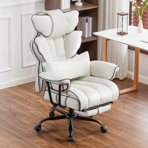 Ckaff Gaming Stuhl Bürostuhl Ergonomisch, PU Leder Chefsessel, Bürostuhl 200kg mit Fußstütze und Lendenwirbelstütze, Home Office Stuhl Verstellbarer Stuhl mit hoher Rückenlehne, Drehstuhl (Weiß)