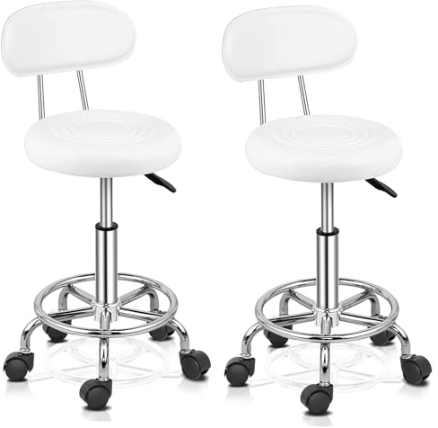 TactFire höhenverstellbarer Rollhocker mit Rückenlehne 360° drehbar Blanc | Ergonomischer Arbeitshocker Verstellhöhe 48-58cm passend für Büro und Salon, 2 Stück