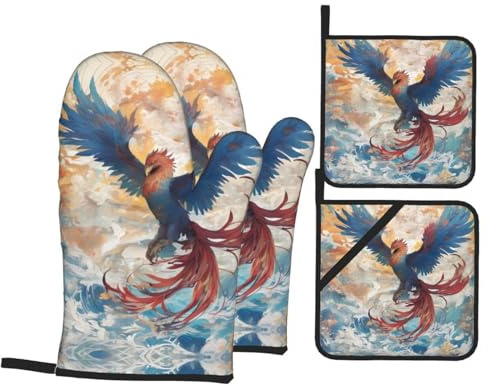 WZYWHJ Oven Mitts and Pot Holders Sets of 4 Gloves for Kitchen Baking Cooking Grilling Data Stream Phoenix Prints
