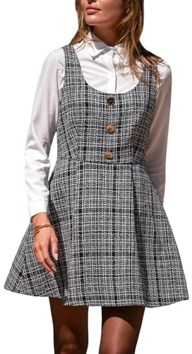 CUPSHE Damen Latzkleid Plaid Rundhals Ärmellos Freizeitkleider Knöpfe Trägerkleid Herbst Winter Minikleid