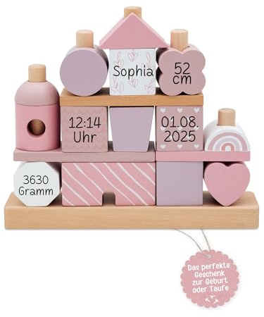wunderwunsch smallfoot Stapelhaus personalisiert, Motorikspielzeug für Kinder, Motorikwürfel Baby, Geschenkt zur Geburt, Geburtstagsgeschenk mit Namen (rosa)