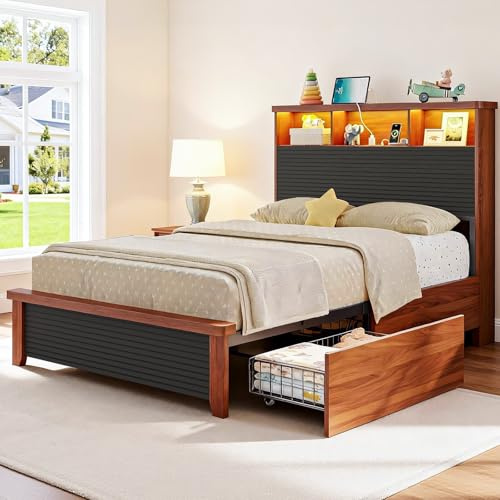 VIAGDO Wood Twin Bed Frame with Bookcase Storage Headboard and 4 Drawers, Slanted Louvers Wooden Platform Twin Bed Frame with Charging Station and LED Lights, No Box Spring Needed, Black