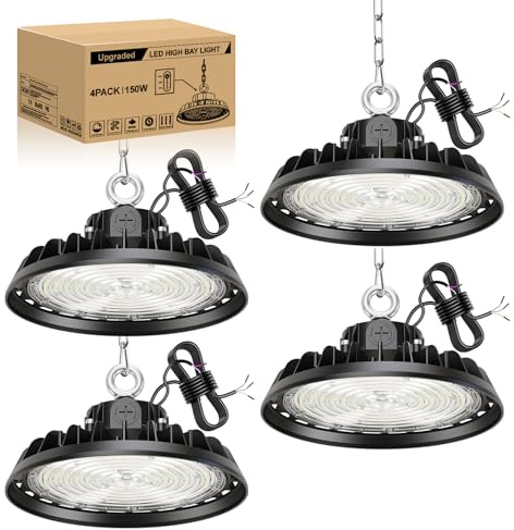 RUISUN 4 paquetes UFO 150 W LED High Bay Proyector Garage Light 22500 LM Iluminación para taller 4000 K 120 °Iluminación IP65 Lámpara industrial regulable 90 W/120 W/150 W plantas de almacén de