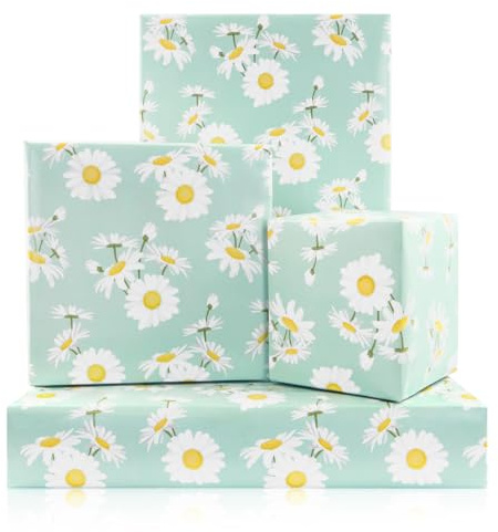 Geschenkpapier Gänseblümchen Blumenmuster, Grooviges Boho-Frühlings-Geschenkpapier, 4 Bögen, 50 X 70 cm Pro Blatt, Für Geburtstag, Party, Hochzeit, DIY Handwerk