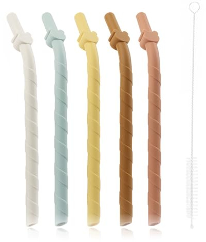 Set di 5 cannucce larghe in silicone con spazzola per la pulizia, per bambini e adulti, cannucce pieghevoli, riutilizzabili, senza BPA, lavabili in lavastoviglie, 155 mm di lunghezza e 8,8 mm di