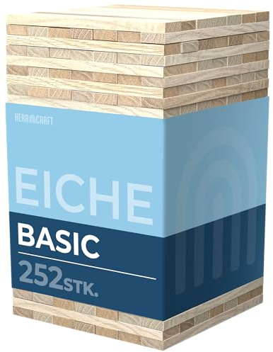 KeraBlocks Basic Eiche - 252 Stück Holzklötzchen zum Basteln 160x22x8mm - Bastelholz ohne Klebeband - Perfekt zur kreative DIY Projekte