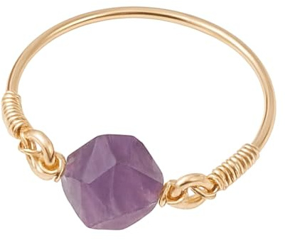 Livskälla plus ametistring av koppartråd handlindad, rund stjärnslipning, naturlig ädelsten, innerdiameter 20 mm, unisex fingerring