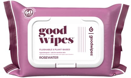 Goodwipes Flushable Butt Wipes Made with Vitamin E & Aloe – Soft & Gentle Wet Wipe Dispenser for Home Use, Septic & Sewer Safe – Largest Adult Toilet Wipes – Rosewater, 60 Count