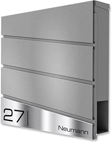 Metzler Briefkasten in Graualuminium RAL 9007 Neumann - Wandbriefkasten inkl. Zeitungsfach - Namensschild aus V2A Edelstahl - Postkasten, Größe: 37 x 37 x 10,5 cm