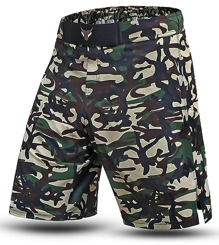 Mytra Fusion MMA Shorts Camo Pantaloncini MMA - Pantaloncini Kick Boxing per Allenamento, Muay Thai, Bodybuilding e Combattimento in Gabbia (IT, Testo, XL, Regular, Corto, Camo)