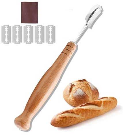 Premium Bröd Lame med Läderväska, Rostfritt Stål Degskärare, 5 Reservblad, Träfärgad