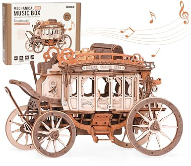 ROKR 3D Wooden Model Kits for Adults Mechanical Music Box Stagecoach Model Building Kits Wooden Puzzle Birthday Gifts for Kids and Adults, Stagecoach AMKA1