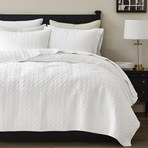 palassio White 100% Cotton Quilt Queen Size Bedding Sets with 2 Pillow Shams, Textured Lightweight Soft Bedspread Shabby Chic Coverlet, Quilted Comforter Bed Cover for All Season, 3 Pieces