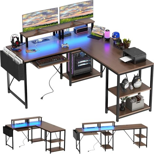 Flamaker L Shaped Gaming Desk with Led Lights＆Power Outlet,140 x 140 cm Corner Gaming Desk for Home Office,Reversible Computer Desk with Monitor Stand & Storage Shelve, Walnut