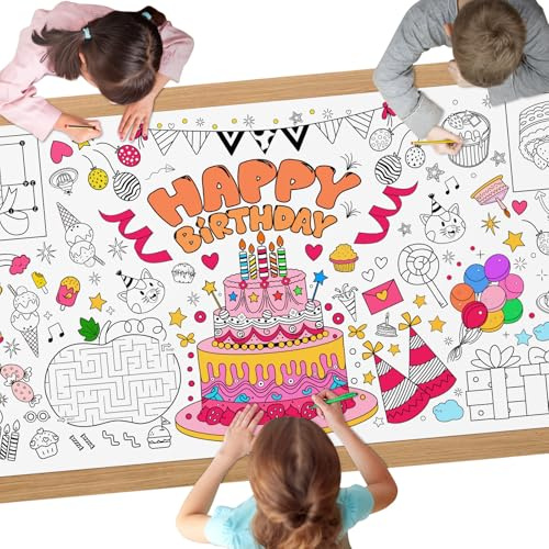 AYESY Nappe à Colorier pour Enfants，180 * 90cm Gâteau d'anniversaire Papier Dessin pour Enfant DIY Géant Coloriage Affiche Jeux d'anniversaire, Activités pour Enfants