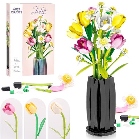 Euakee Construction de Bouquet de Fleurs, Ensemble de Construction de Bouquet de Fleurs avec Vase, Amusez-Vous à Construire des Fleurs Artificielles, Cadeau de Construction (Tulipe)