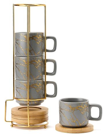 LUKA Porcelain Espresso Cup with Saucer and Metal Stand, 4 Ounce Stackable Ceramic Demitasse Espresso Mugs Cups Set for Latte, Specialty Coffee Drinks, Cafe Mocha,Tea - Set of 4, Gray