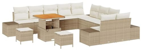 vidaXL 13-delars Trädgårdsoff-set med Kuddar Beige Polyrotting Utomhus Sittgrupp Modulär Design För Balkong & Patio Sektionell Möblering 3-sits Stor