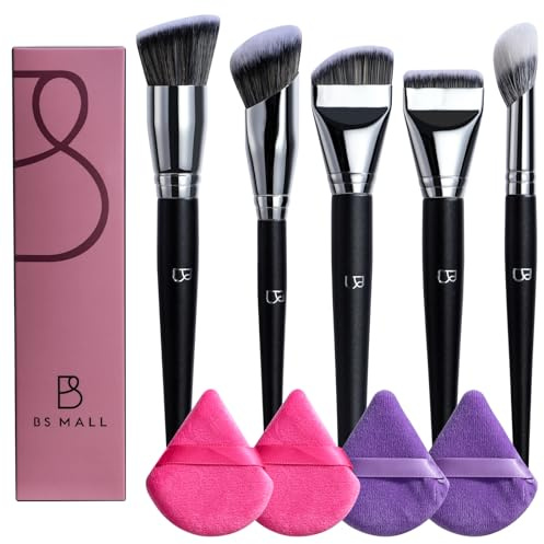 BS-MALL 5 Pcs Professional makeup brush set with Ultra-soft 4 Triangle Puffs - eyeshadow Brush, concealer Brush, blush brush & foundation brush - Multi-functional beauty Tools for Daily Use