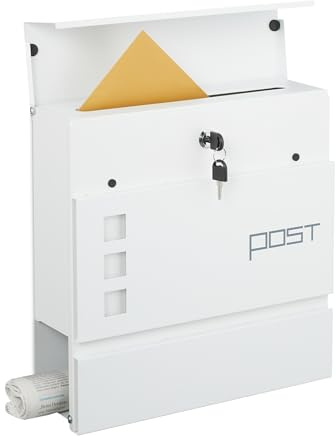 Relaxdays Boite aux Lettres, Porte-journaux, Fer poudré, Jolie Inscription, HxLxP : 37x37x12 cm, Blanche