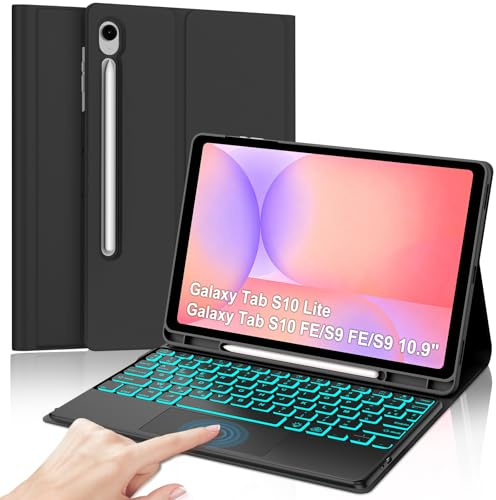 IVEOPPE Coque Clavier pour Samsung Galaxy Tab S10 Lite/S10 FE/S9 FE 10.9/S9 11 avec Pavé Tactile, Housse Étui Keyboard Bluetooth AZERTY Layout 7 Couleurs Rétroéclairées avec Porte Crayon, Noir