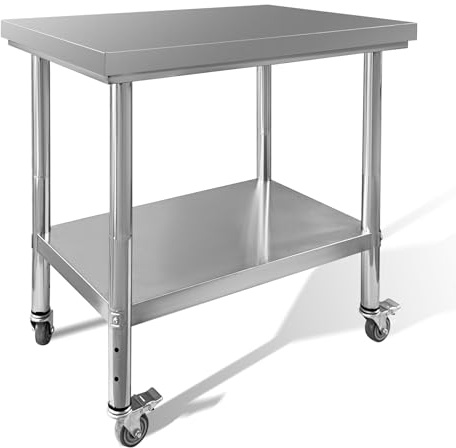 Fsehyue Stainless Steel Work Table 35x24x33 Metal Adjustable Under Shelf Prep Table 460 LBS Load Capacity with 4 Caster Wheels Heavy Duty Food Prep Worktable for Home Hotel Kitchen Restaurant
