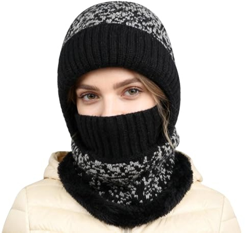 TAGVO Winter Strickmütze & Nackenwärmer Set Damen, Thermo Fleecefutter Balaclava Winddichte Skimaske Gesichtsmaske für Outdoor Sport, Winter Geschenk