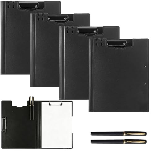 Confezione da 4 cartelline portablocco formato A4, doppie clip, impermeabili, pieghevoli, con copertina, organizer per documenti con portapenne, cartella A4 in pelle con spazio per forniture