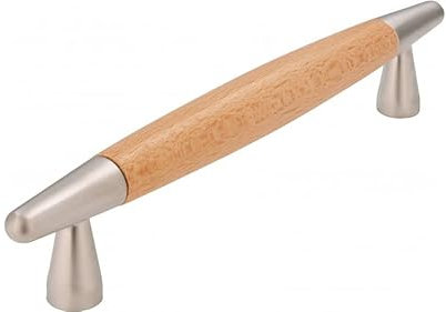 SIRO Möbelgriff München, Modern, Holz - Druckguss buche natur lackiert matt vernickelt, 166 mm x 31 mm x 12 mm, LA 128 mm, S351-165HZ18ZN4