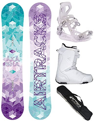 AIRTRACKS Snowboard Set Paquete Completo Tabla Akasha Zero Rocker Mujer 150 + Fijaciones Master W + Botas Master QL W 42 + SB Bag