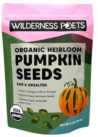 Wilderness Poets, Organic Heirloom Pumpkin Seeds - Styrian Variety, No Shells, Naturally Hulless. Unsalted, Bulk Size, Grown in Oregon, USA or Europe (32 Ounce - 2 Pound)