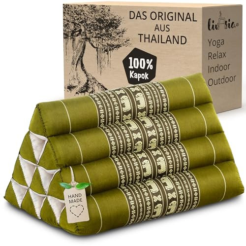 livasia Rückenstützkissen mit Muster - 30x50x30cm - Dreieckskissen für den Garten, Keilkissen mit Kapok, vegan und handgefertigt, Meditationskissen (Grün/Elefanten)