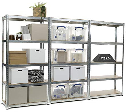 3 Bay Heavy Duty Galvanised Shelving Garage Racking Unit (5 Levels 1500mm H x 700mm W x 300mm D) + 150KG UDL Per Shelf