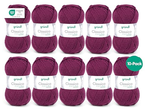 Gründl Wolle Classico Merinowolle Strickgarn - 10 Knäuel 50 g, bordeaux | Dicke Wolle zum Stricken und Häkeln - Weich und hautfreundlich - 50% Merinowolle, 50% Polyacryl 120m - Nadelstärke 3,5 4,5