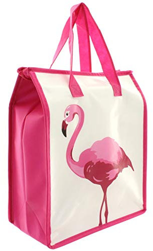 MIK funshopping Tragbare Kühltasche mit tropischem Print, Faltbare Isolierte Lunchtasche, Ideal für Picknick, Strand, Camping und Tagesausflüge, 32x27x13cm. (Flamingo pink)