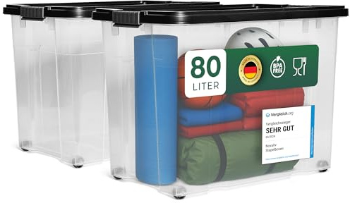 Novaliv 2x Euroboxen mit Deckel Rollen 80l 61x40x46 transparent Grau Anthrazit Aufbewahrungsboxen Maxi Stapelboxen Kisten Boxen Kunststoffkiste Lagerbox Spielzeugbox