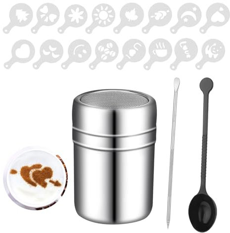 Xinzistar Espolvoreador de cacao para capuchino con plantilla Barista Latte Art Pen de acero inoxidable para azúcar en polvo, polvo de azúcar en polvo, polvo de azúcar, chocolate, accesorio de café