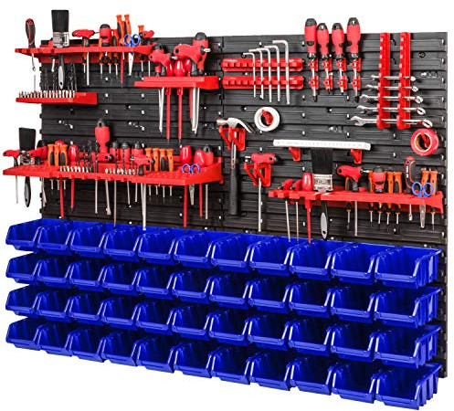 Lagersystem verkstadshylla – 1152 mm x 780 mm – vägghylla med 44 stycken röda stapellådor och verktygshållare – sorteringshylla, väggplattor extra starkt system