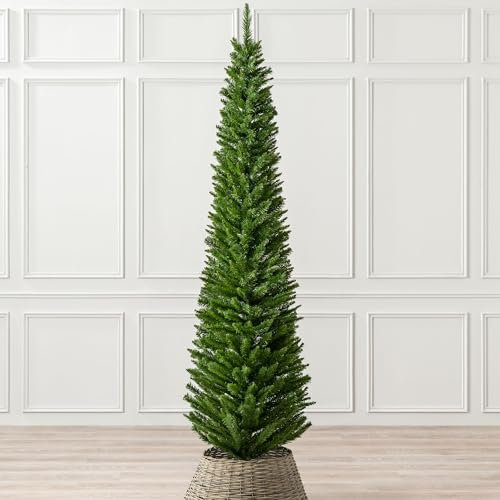 Christow Pencil Christmas Tree 7ft, Artificial Slim Narrow Green Spruce, Luxury Indoor Xmas Decoration, Natural Looking PE & PVC Needles, Easy Assembly with Stand, Tip Count 401 (skirt not included)