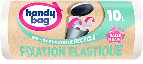 Handy Bag - Sacs poubelle salle de bains à fixation élastique 10L x 15 sacs - Spécial petites poubelles - Maintient le sac en place - Étanchéité maximale - Fond anti-fuite - 100% plastique recyclé